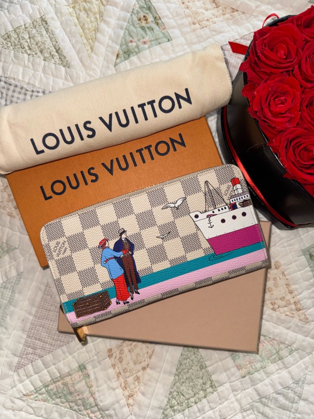 Louis Vuitton Damier Azur Illustrated Zippy Wallet Paris Travel Print Pink